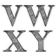 Doodle scribble sketch alphabet letters VWXY