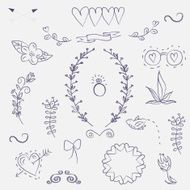 Wedding graphic set arrows hearts laurel wreaths ribbons and labels N7