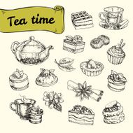 set of illustrations with tea and a variety desserts N2