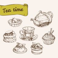 set of illustrations with tea and a variety desserts N3