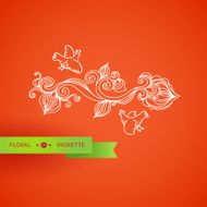 Outline floral vignette with bird leaves and swirls N2