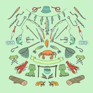 Fishing stuff in doodle style Hand drawn illustration Isolated N3