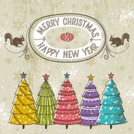 background with christmas trees and one label