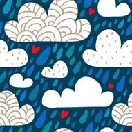 Seamless pattern with clouds and falling raindrops hearts N2