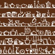 Kitchen utensils on shelves sketch seamless pattern
