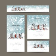 Merry christmas set postcards with cityscape background