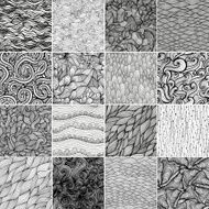 Sixteen black and white wave patterns