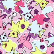 Vector kawaii pattern of Halloween cats and creatures N3