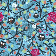Seamless pattern with owls and floral elements on blue