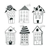 Set sketch black and white outline houses in cartoon style N4