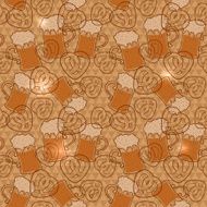 Beer and pretzels seamless pattern with flashes on geometric background