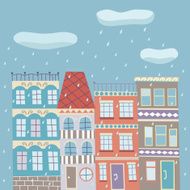 Cute cartoon vector hand drawn town rainy cloudy autumn day