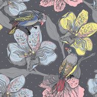 Birds and blossoming plants Hand drawn vector illustration N2