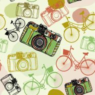 Vintage film camera and bicycles vector seamless pattern pastel colors