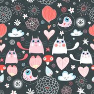 Seamless vivid floral pattern with hearts and cats