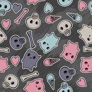 Skulls and hearts on black background - seamless pattern