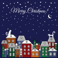Christmas card with night town cats stars