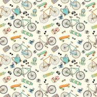 Seamless pattern with bicycles boards and accsessories