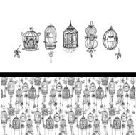 Five doodle cages and seamless pattern set