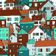 Panorama town various buildings in blue seamless pattern vector