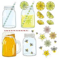 Summer Hand Drawn Mason Jars With Citrus Slices And Fireflies