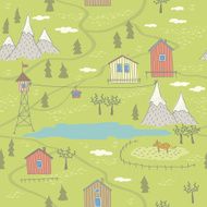 Seamless pattern with houses mountains and lake N2