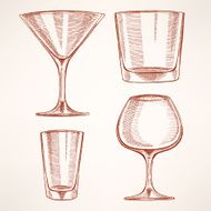 four hand-drawn alcohol glasses