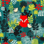 Birds fox and flowers seamless pattern