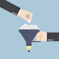 Funnel with crumpled paper and light bulb of idea