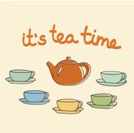 It&#039;s tea time Red teapot and five colorful cups