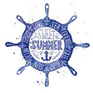 Watercolor vintage label with an steering wheel