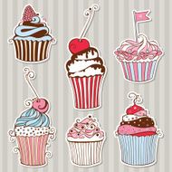 Vector collection of decorative hand drawn sweet cupcakes stickers