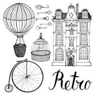 Retro objects house and transport Hand drawing calligraphy