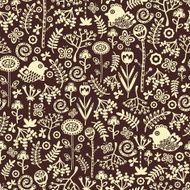 Seamless pattern with cute cartoon birds hearts and flowers