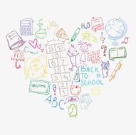 hand drawn doodle colorful school icons arranged in heart shape