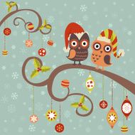 Christmas card of owls in hats sitting N6