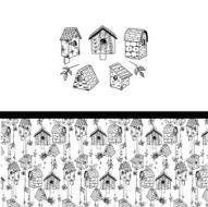 Five doodle nesting boxes and seamless pattern set