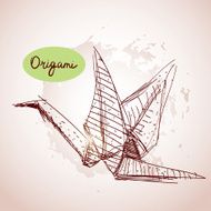 Origami paper cranes sketch line on beige background Grunge texture N3
