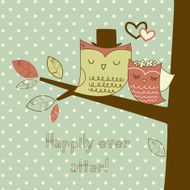 Two cute owls on the tree branch Romantic Wedding Card N2
