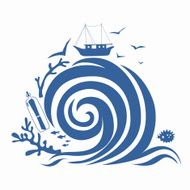 Big wave and fishing vessel