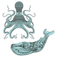 Zentangle stylized Octopus and Whale Hand Drawn lace vector ill