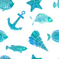 Seamless pattern Nautical theme fish shells anchor Watercolor texture Vector