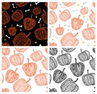 Doodle textured pumpkins seamless patterns set