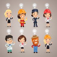 Set Of The Different Profession Characters With Idea Signs Above
