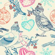 Christmas vector seamless pattern with birds and berries N2