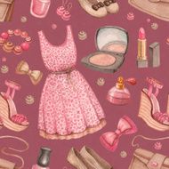 Seamless fashion pattern Watercolor dresses and accessories