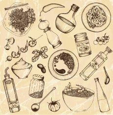 Drawing of food and cooking items on light brown