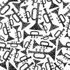 Musical theme seamless background with trumpets