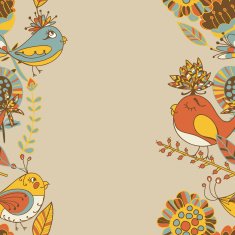 border with abstract hand-drawn flowers and birds