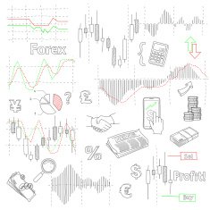 Forex market hand drawn vector background with business financial data